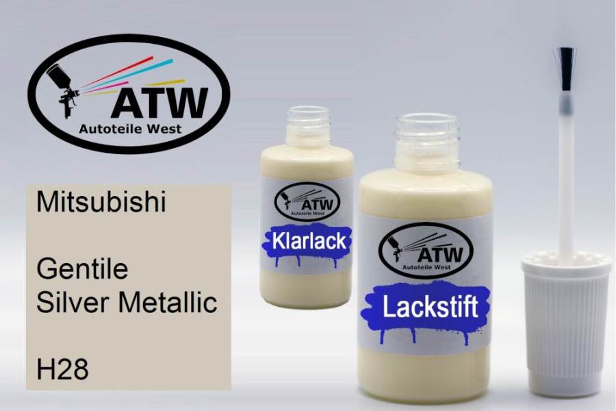 Mitsubishi, Gentile Silver Metallic, H28: 20ml Lackstift + 20ml Klarlack - Set, von ATW Autoteile West.